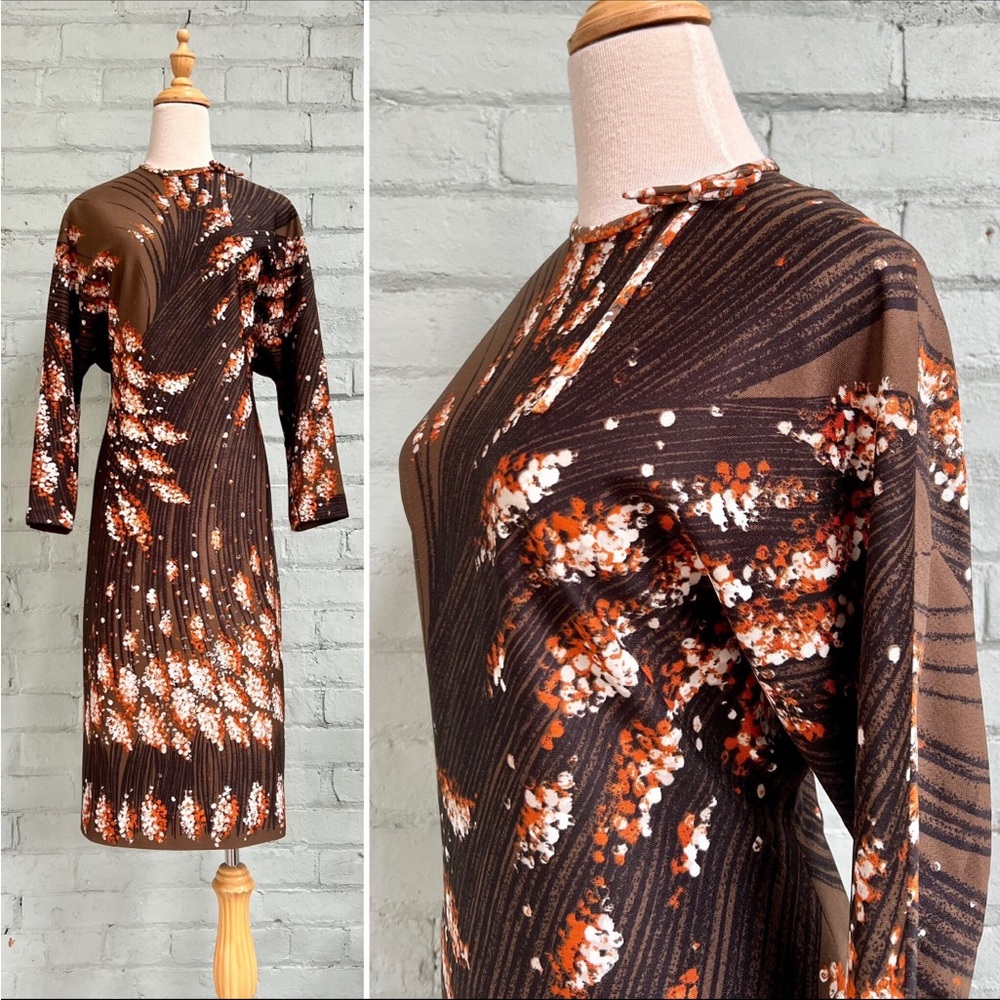 Vintage 60s Floral Midi Dress - Brown and Orange Print